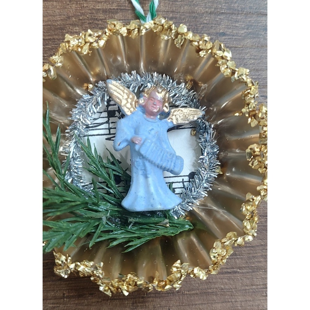 Handmade Tart Tin Vintage Angel Diorama Ornament Sheet Music Christmas Blue O6